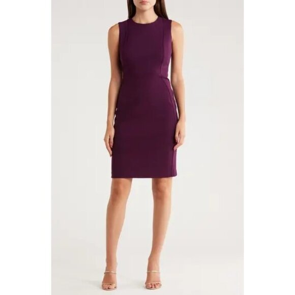 Calvin Klein Sleeveless Maroon Sheath Dress With Back Zipper & Fitted Silhouette - Picture 2 of 7